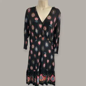 DESIGUAL Boho Floral V-neck Black Dress XL Fairy Whymsigoth